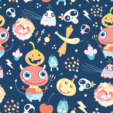 Seamless pattern of gay ghosts and monsters