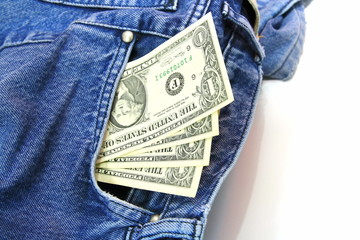 One dollar bills in jeans pocket
