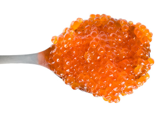 Red caviar in spoon isolated