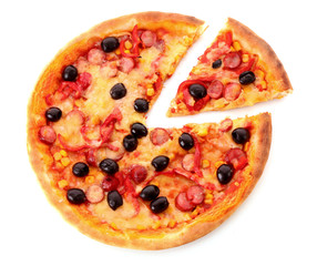sliced pizza with olives isolated on white