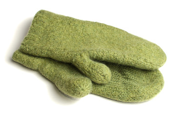 Green knitted mittens