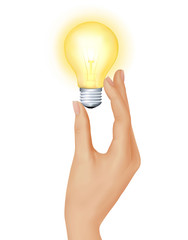 Yellow light bulb in hand. Vector illustration