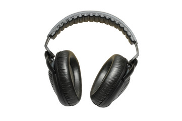 Black professional headphones isolated on white background