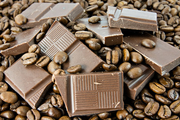 close-up of coffee beans and milk chocolate