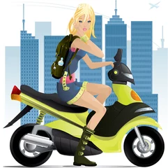 Foto op Plexiglas Motorfiets Meisje op scooter