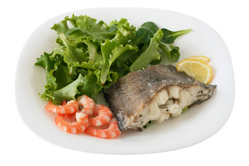 boiled fish with shrimps, lemon and salad