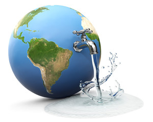Earth globe with water tap dropping water - obrazy, fototapety, plakaty