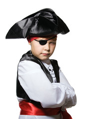 The little boy is dressed in a suit of the pirate.
