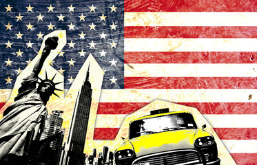 drapeau américain avec statue de la liberté taxi jaune