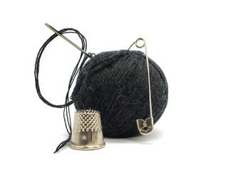 thread ball, pin, thimble and needle