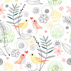 Seamless floral pattern with birds in love