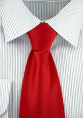 Striped shirt with red silk necktie