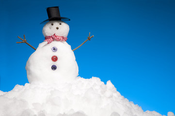 Miniature Snowman On Mound Of Snow With Blue Sky Behind