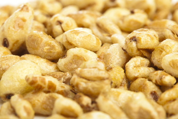 extreme closeup of sweet corn cereals bowl
