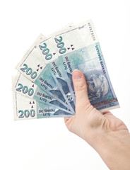 hand holading Lithuanian money litas banknotes