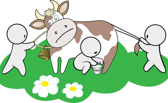 recommend clip art: three cartoon man shared a cow on a green lawn