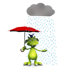 Cute cartoon monster in the rain.