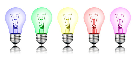 Different New Ideas - Row of Colored Lightbulbs Isolated
