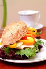 Ham sandwich with red pepper and leaf lettuce