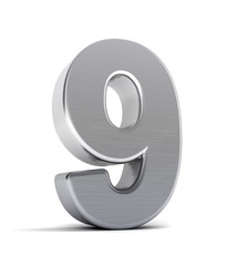 Number 9 as a brushed metal object over white