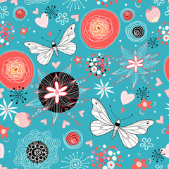 Floral pattern with butterflies in love