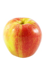Red and yellow apple close up over white