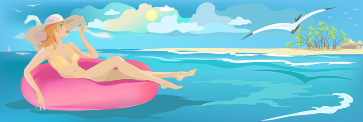Fototapeta na wymiar Girl swimming in buoy, summer banner.