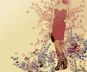 vector background with    a  girl dressed in a red  dress - 29867539