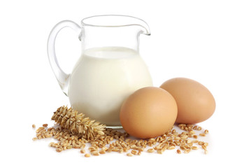 Fresh milk, wheat seeds and two eggs