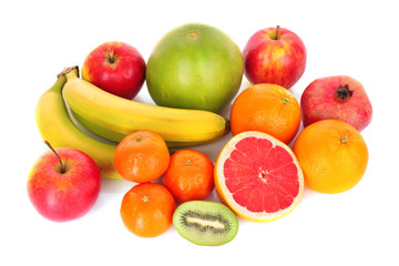 Pomegranate, mandarin, banana, , orange, kiwi,  grapefruit and a