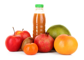 bottle of juice  with ripe fruits on white background