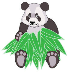 Panda with bamboo leaves on white