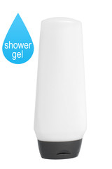container on white and shower gel inscription in water drop