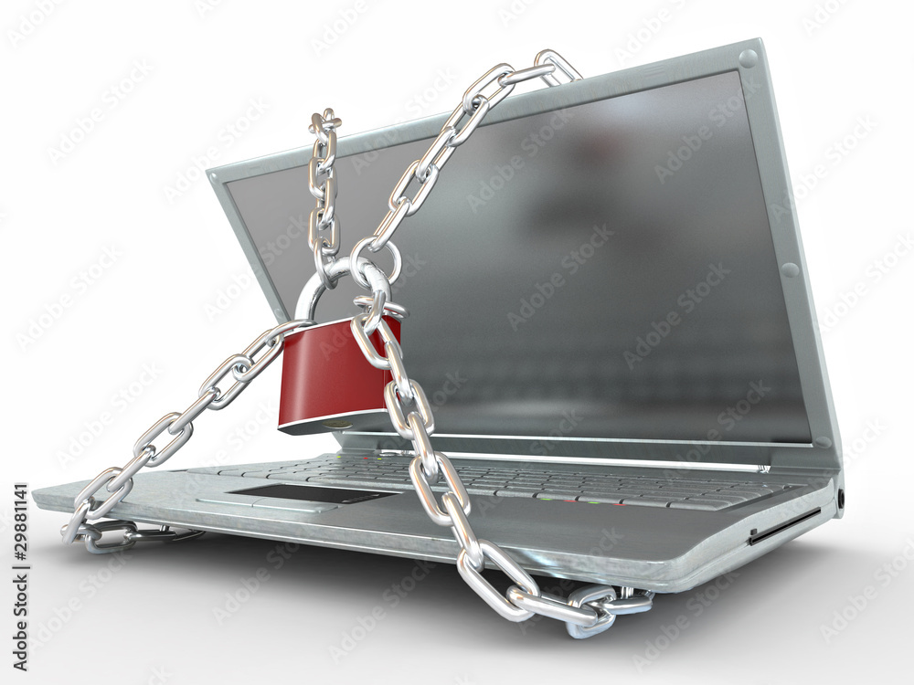 Poster laptop with chains and lock on white isolated background