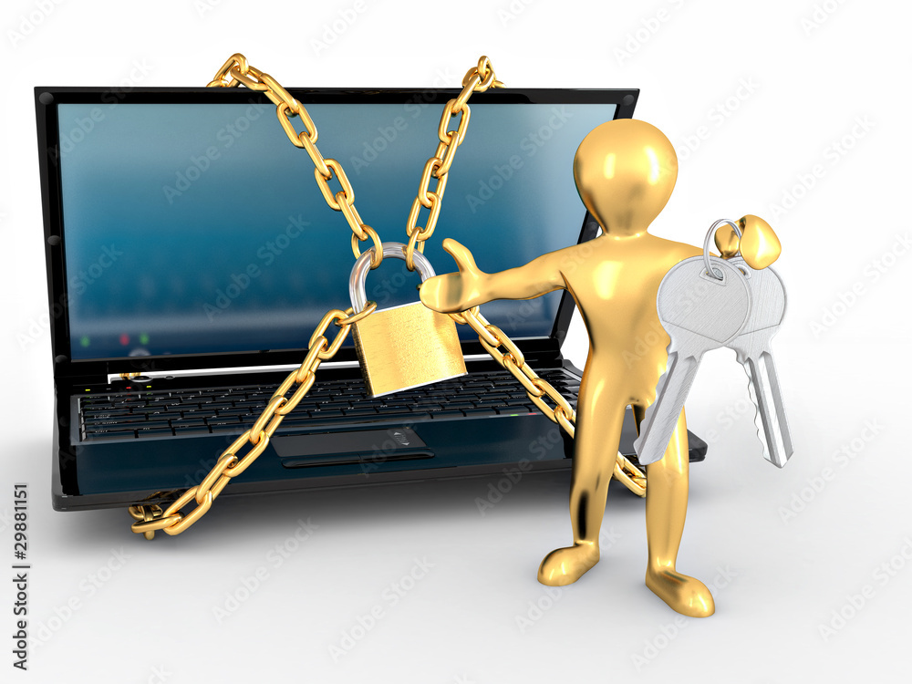 Poster Men with keys and laptop with chains and lock. 3d