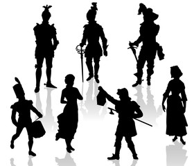 Silhouettes of the actors in theatrical costumes.