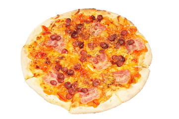 A whole pizza  with  sausage  and bacon