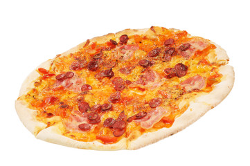 A whole pizza  with  sausage  and bacon