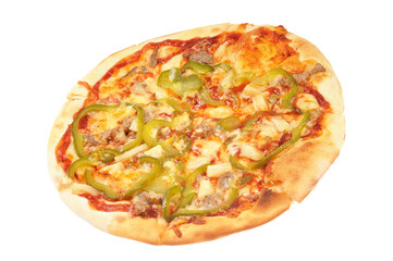 Pizza with  cheese, meat, pepper  and  ketchup