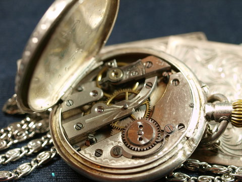 Clockwork of antique ladies silver pocket watch