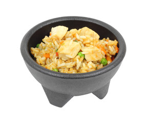 Rice with chicken in black bowl