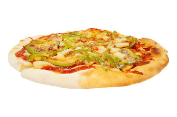 Pizza with  cheese, meat, pepper  and  ketchup