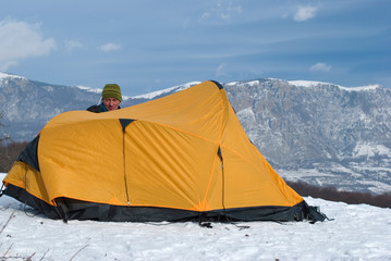 Hiker with a tent