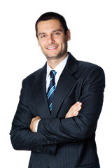 Portrait of happy smiling young businessman, isolated on white