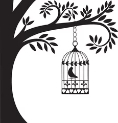 Crédence de cuisine en verre imprimé Oiseaux en cages cage à oiseaux et arbre
