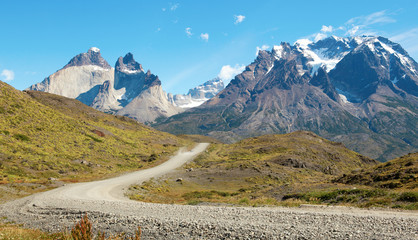 Road in Torres del Paine national park of Chile