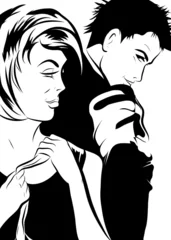 Papier Peint photo Des bandes dessinées croquis noir et blanc jeune couple amoureux dos à dos