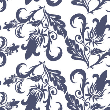 Seamless Dark Blue Floral Pattern On A White Background