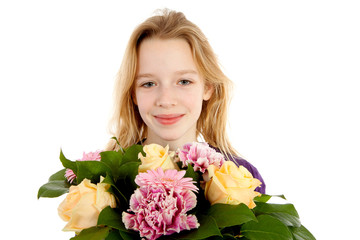 young girl with bouquet of flowers over white background