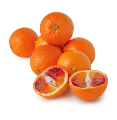 blood oranges on a white background (whole and pieces)